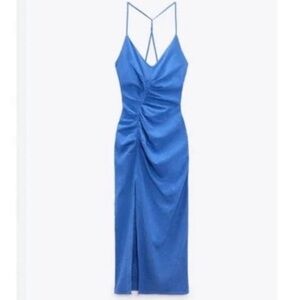 Zara | blue linen blend cross back shirred midi dress